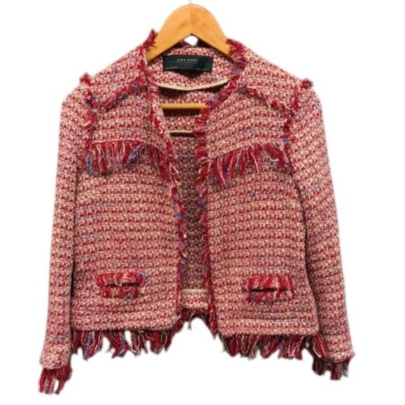 ZARA Tweed Blazer Women’s size S Red Open Front Fringe Trim Wool Blend Jacket - Picture 1 of 9